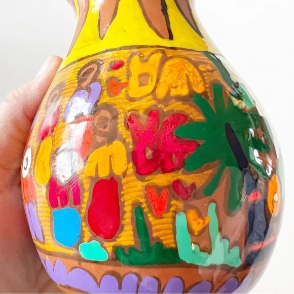 Vintage Handpainted Mexican Pottery Vases Red Clay Small Vessels Jugs Colorful 2 - Picture 8 of 12